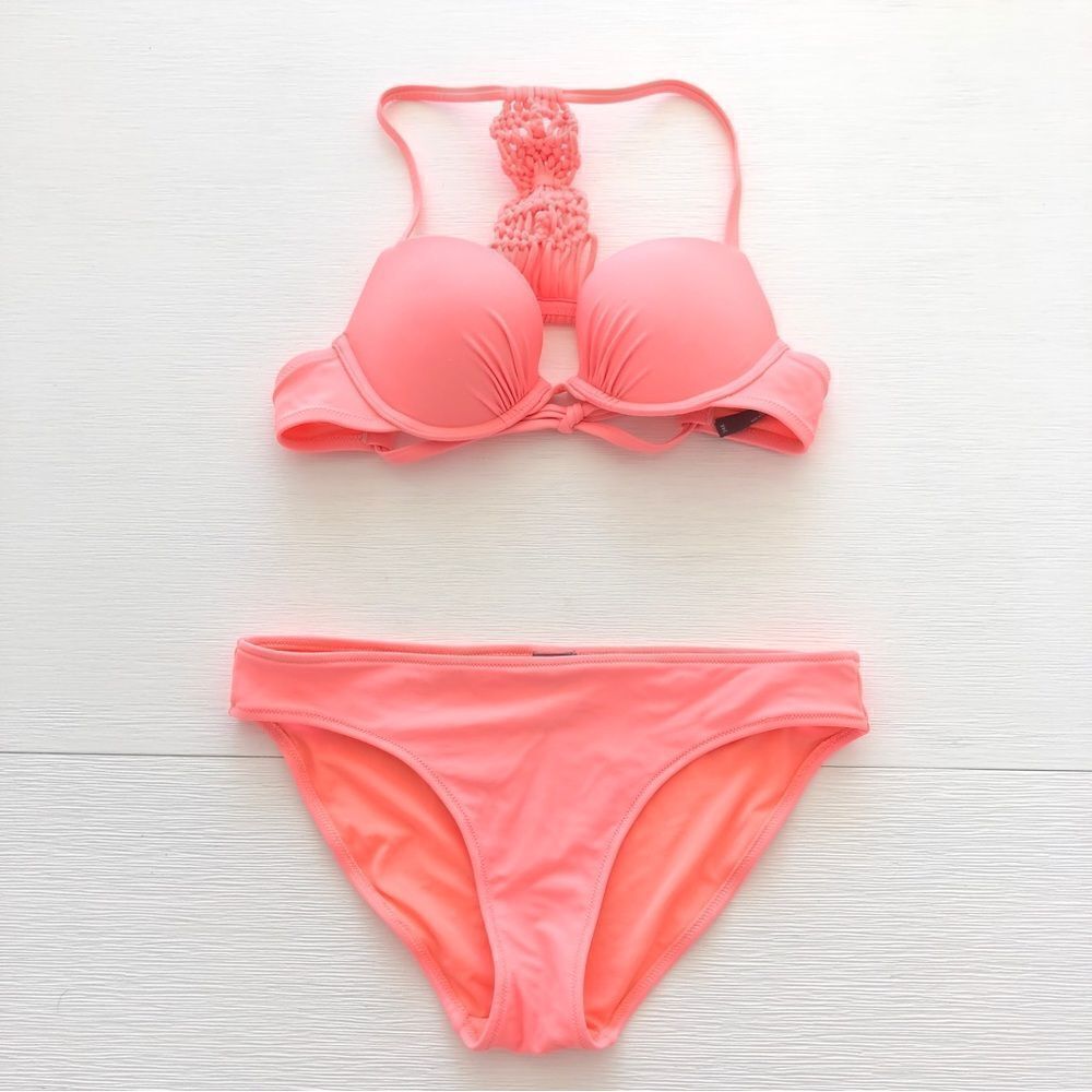 Aerie Bikini Swimsuit in pale Coral with Macramé Back 34A Small